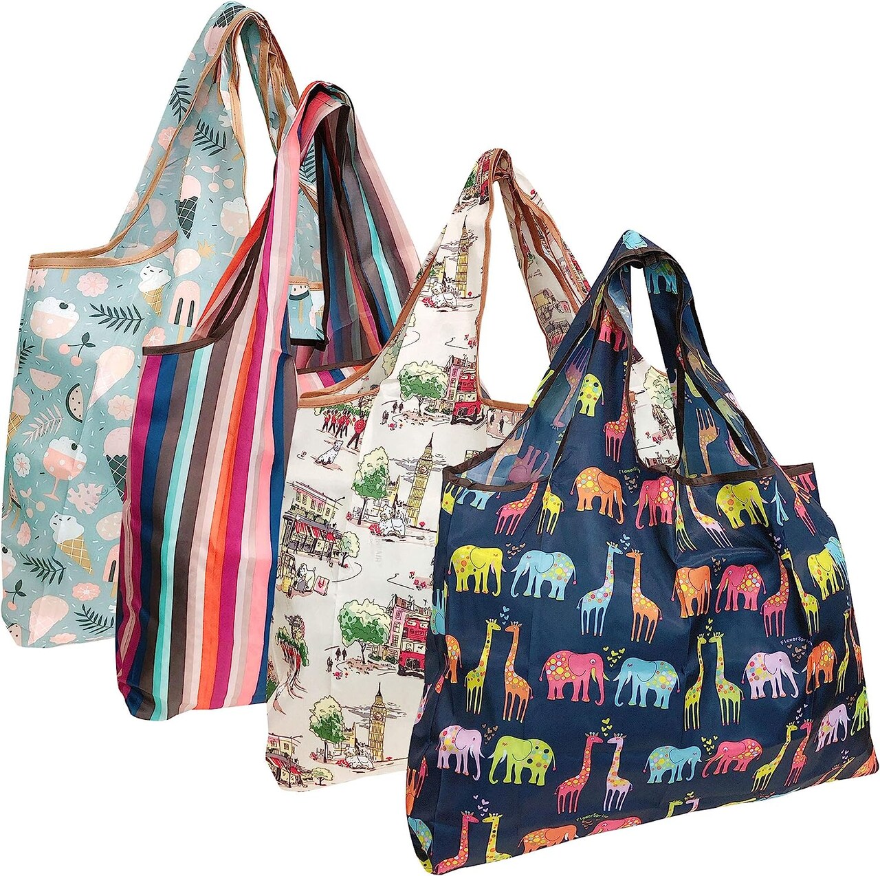 Wrapables Large Foldable Tote Nylon Reusable Grocery Bags, 4 Pack